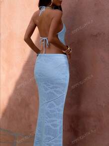 Apperloth A Sexy Blue Knitted Two Pieces Set Beach Outfits For Women Hollow Out Semi-Sheer Lace Up Back Backless Knit Crop Tank Tops & Elastic Waist Bodycon Crochet Long Skirt For Summer Vacation Rave Festival