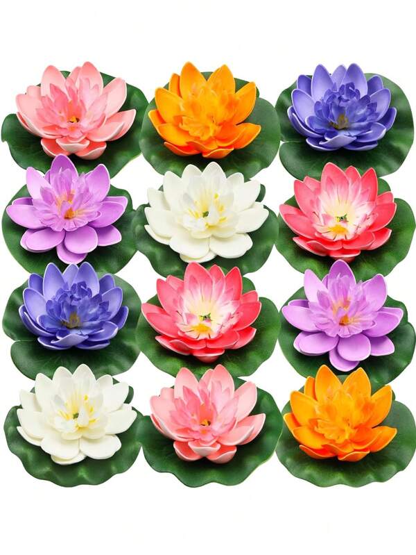 6/12pcs Floating Foam Lotus & Lily Pad Decorations, Artificial Pond Plants For Swimming Pool, Aquarium, Colorful (Random Color)