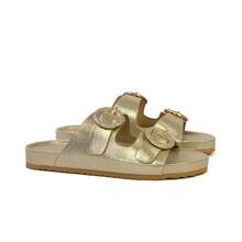 XY LONDON Reggie Women's Slip On Flat Sandal Sliders, Double Strap, Diamante Buckle, Footbed Sandals, Black, White, Gold, Silver, Synthetic Leather, Fashionable, Casual, Vacation, Spring/ Summer - Gold - View 3