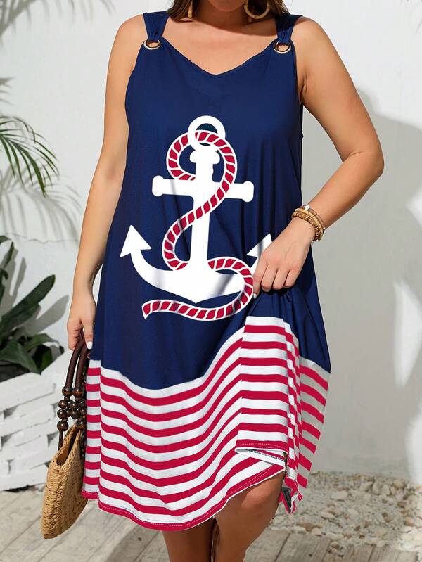 فستان بياقة مستديرة مزخرف بخطوط متباينة الألوان مقاس كبير، مناسب للاستخدام الصيفي والرحلات