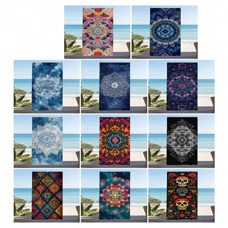 1 PC Geometric Patterns Ultra-Fine Fiber Magnetic Fixed Beach Towel, Fast Drying Super Absorbent Lightweight Travel Towel, Multi-Color Printed Swimming Towel, Camping Towel, Swimming Pool, Water Sports, Yoga, Gym, Backpack