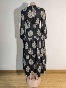 Women's Floral Print Round Neck Lantern Sleeve Ruffle Trim Belted Dress, Modest - Black - View 3