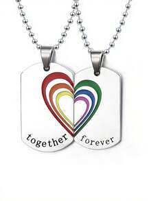 MONALLY 2pcs/Set Rainbow Pride Month LGBTQ+ Heart Shaped Stainless Steel Pendant Necklace, Couple/Valentine's Day Gift - Necklace - View 2