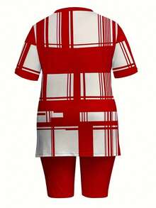 Plus Women's 2 Pieces Plaid Printed Short Sleeved Top And Shorts Set - 紅色 - 查看 2