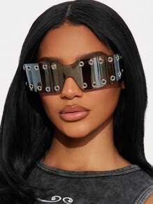 1pc Frameless One-Piece Fashion Glasses, Personalized And Cyberpunk Y2K Fashion Glasses Suitable For Daily Wear, Street Photography, Vacation, Travel, Party Glasses, School Look Dance Decoration, Preppy Men's And Women's Fashion Glasses Back To School