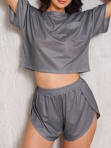 2 pezzi Tuta donna casual a righe, composta da top a maniche corte scollo a V e shorts, pigiama casual - nero - Visualizzare 1