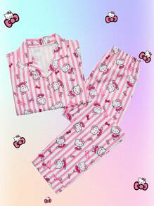 Sanrio 2 piezas Conjunto de pijama de manga larga con botones y estampado a rayas de  para niñas