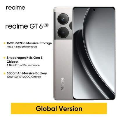 Realme GT6 olåst smartphone 6,78" 120Hz mobiltelefon med Snapdragon 8s Gen 3-processor, Android 14 LYT-808 50MP Ultra Night-kamera, 5500mAh batteri 1,5K-upplösning Mobiltelefon med senaste AI-funktioner