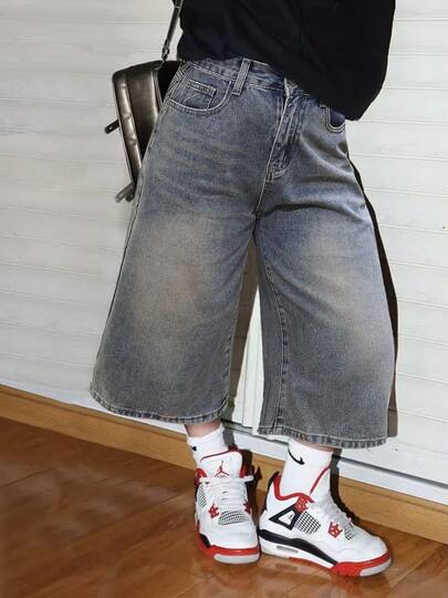 女士夏季牛仔短裤，Y2K做旧猫须图案，休闲日常穿着，90年代复古直筒百慕大短裤