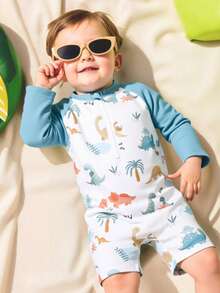 Baby Boy Cute Dinosaur All-Over Print Zipper Half-Zip Long Sleeve Romper Swimsuit+Stretch Sun Hat - Multicolor - View 3