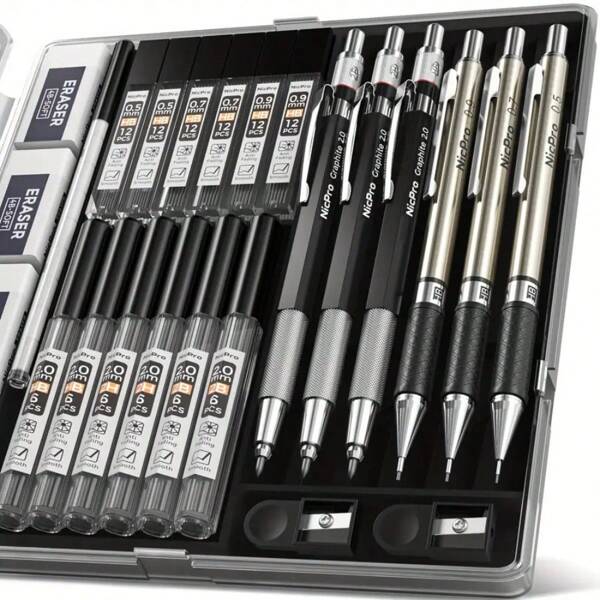 2 Black-Framed Mechanical Pencils, 3 Pure Metal Drawing Pencils, Including 0.5mm, 0.7mm, 0.9mm, 2mm Graphite Lead Sockets (2B, HB, 2H), For Writing And Sketching, No Pencil Case, Any Size,Back To School,