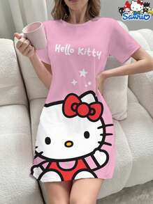 Sanrio Sanrio Hello Kitty Cartoon Print Short Sleeve Nightgown, Casual & Comfortable Summer Sleepwear Dress