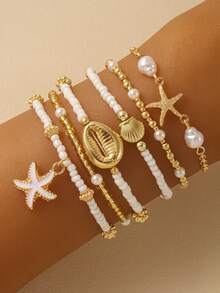 Set de 6 piezas de pulseras multicapa apiladas de perlas de estilo veraniego, set de pulseras con colgantes de estrella de mar y concha, joyería de playa/casual de moda para mujer, regalo (cantidad y orden de cuentas aleatorios) - Multicolor - Ver 2