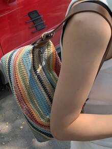 New Fashion Large Capacity Luxury Rainbow Woven Underarm Bag, High-Quality Relaxed Style Beach Play Simple Shoulder Bag