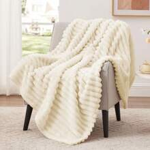 Deluxe Cream Colored Flannel Throw Blanket - Soft, Warm And Cozy Faux Fur With Horizontal Stripes, Suitable For Office, Living Room Or Bedroom, Adorable Blanket