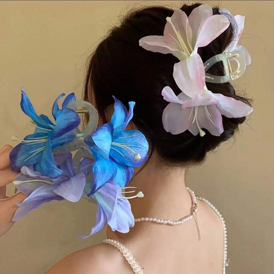 1 Stück doppelseitiger Lilien Blumen Haarclip für Frauen, vielseitiges elegantes Acryl Modehaaraccessoire, geeignet für Haarklammern, Haarklips, Haarklemmen, Haarkrallen, Haarschnallen in allen Jahreszeiten