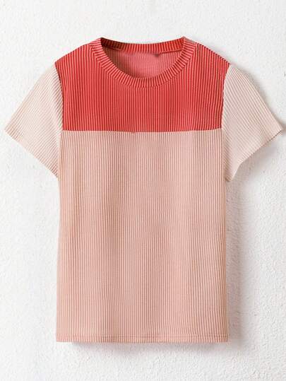CILKOO Women's Casual Round Neck Ribbed Patchwork Contrast Color Short Sleeve T-Shirt