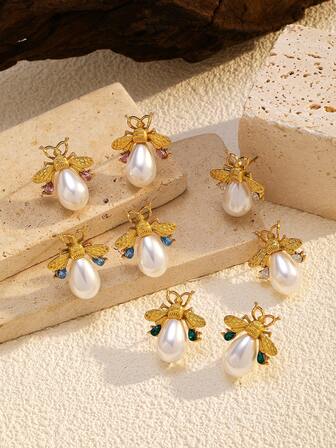 1 Pair Of Stainless Steel Animal Series, Insect Earrings, Bee Earrings, Diamond Studded Pearl Earrings, Give Gifts To Friends