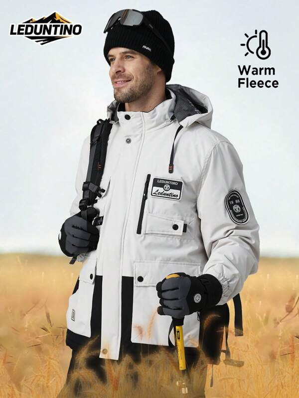 LEDUNTINO Boyfriend Style Men Fashion Zip Up Casual Outdoor Warm Thick Jacket, Sports, Splice, Boyfriend Gift, Boyfriend Style Men's Winter Fall Detachable Hood, Multi-Pocket, Letter Print, Hook And Loop Design,Windproof, Windbreaker Jacket Spring Autumn Coat Boyfriend Style Men
