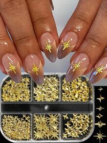 6 Grid 3D Stars Five-Pointed Star Metal Golden Jewelry Nail Art Decoration Metal Golden Triangle Square Starburst Cross Star Nail Jewelry Y2K Japanese Nail Charms Diy Nail Gems Supplies Nails