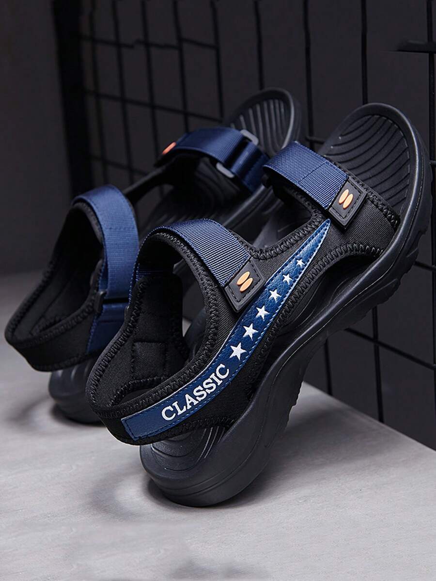 Men's Outdoor Sport Sandals - Summer Fashionable Comfortable Breathable Hook And Loop Slippers - Non-Slip Dual-Color Letter Patterned EVA Sole, Large Size Lightweight - Suitable For Beach Water Activity Driving Hiking, Black Casual Shoes