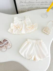 2 pezzi/set Vestito casual di stile principessa e pantaloncini a lanterna per neonate e bambine, con fiocco decorativo, colore albicocca, set estivo
