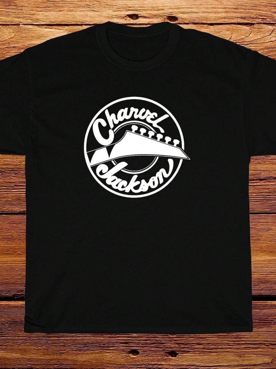 Guitar Logo Inspired All Season Unisex Crew Neck Short Sleeve Sports T Shirt, 1Pcs, 220g Heavyweight 100% Cotton, With "Charvel Jackson" Guitar Logo Design - 黑色 - 查看 1