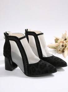 Color-Block French Style Fashionable Versatile Pointed Toe Short Boots, Mesh Hollow Design High Heels, Spring/Autumn New Arrival, Breathable Short Tube
