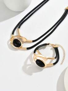 2pcs/Set Bohemian Style Black Faux Crystal Banquet Jewelry Necklace And Bracelet Set For Women - Geometry - View 2