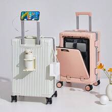 Multi-Functional Suitcase With USB Port, Cup Holder, Front-Open Lid, Retractable Handle, Aluminum Frame, Large Capacity, Quiet Spinner Wheels, Unisex, Password Lock, Bag For School School Accessories School Stuff