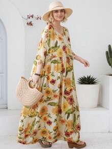 Chinese Spring Festival, 2026 Top, Women's Dress, Sunflower Print Skirt, Top, Daily Dress, Women's Plus-Size, Summer New Bohemian Leisure Vacation Elegant Beach Wear, Crew-Neck Print Loose Mother Dress,