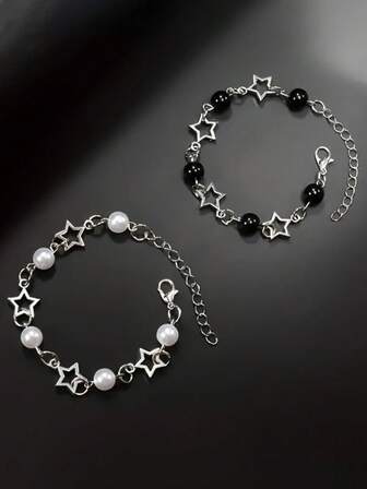 2pcs/Set Bohemian Style Faux Pearl Star Bracelets, Suitable For Men's Holiday Gift And Daily Wear