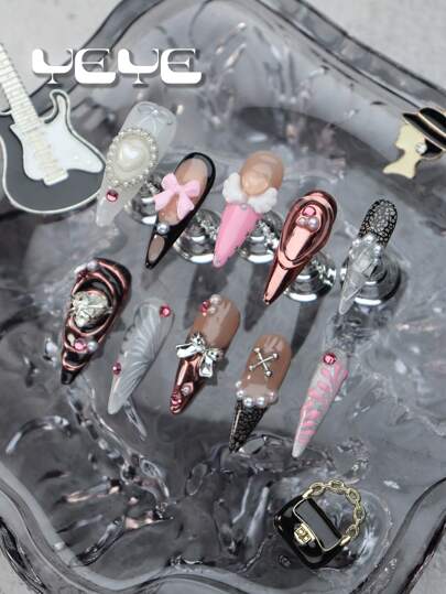 Add A Touch Of Romance With 10pcs Stiletto Shape Handmade Y2K Black Pink Classic French Tips Lace Pattern Sweet Heart Boho Full Coverage Fake Nails Set Elegant 3d Three-Dimensional Decoration Rhinestone Decor Bow-Knot & Wings Metal Gold Chrome European Style Full Cover Acrylic Press On Nails Set For Music Festival Rock Style For Women And Girls Vanity With 1pc Mini Nail File & 1 Sheet Adhesive Tabs