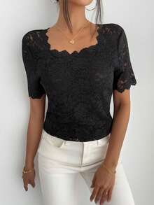 1 件纯色蕾丝拼布镂空方领短袖 T 恤，夏季休闲装