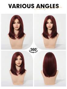 时尚 18 英寸勃艮第酒红色分层假发，带刘海，适合女士 - 柔软、易护理的酒红色合成假发，非常适合日常佩戴、工作、圣诞节和节日