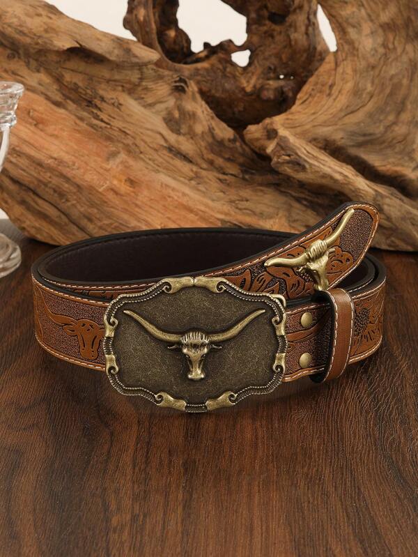 1 pieza Cinturón unisex de PU con hebilla de vaquero retro y relieve de animal, elegante y combinable para vaqueros, faldas y uso durante todo el año