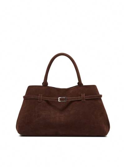 1 pezzo Borsa a mano in tessuto scamosciato tinta unita da donna, vintage casual con ampia capacità, chiusura magnetica, decorazione con cintura, design a doppia maniglia, adatta per viaggi, shopping, appuntamenti, regalo per signore, adatta per adolescenti, ragazze universitarie, principianti e professionisti, ideale per ufficio, scuola, lavoro, pendolarismo, attività all' aperto, viaggi, picnic