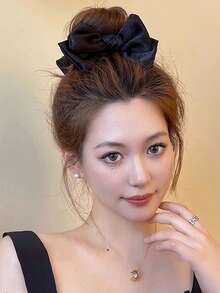 1 件优雅蝴蝶结设计凌乱发髻发爪夹，简约日常假发女士发夹发夹发夹发夹发夹，休闲秋冬发饰女士度假装女士 - 黑色 - 查看 2