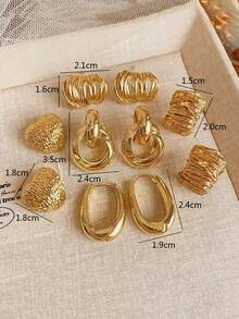 5Pcs Set Minimalist Oval Geometric Multi-Layer Metal Retro Delicate Luxury Niche Design Earrings Set, Suitable For Women's Daily And Holiday Wear - Set G - View 7