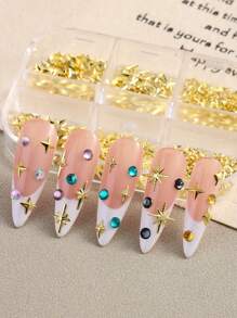 6 Grid 3D Stars Five-Pointed Star Metal Golden Jewelry Nail Art Decoration Metal Golden Triangle Square Starburst Cross Star Nail Jewelry Y2K Japanese Nail Charms Diy Nail Gems Supplies Nails