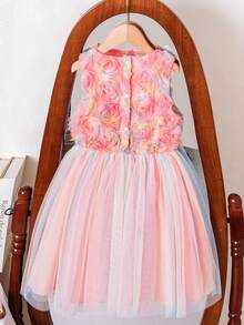 Mädchen rosa 3D Blumen aufgeblähtes Kleid, Traumhaftes Blumenprienzsessin Kleid, rosa Sommer 3D Rose + farbiges Tüll Set, mädchenhaftes Design, geeignet für wichtige Feste, Bühnenauftritte, Geburtstagsfeiern - Verschiedenfarbig - Übersicht 2