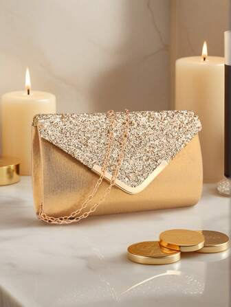Valentine's Day Gift Romantic Silver Clutch Bag, V-Shaped Metal Chain Shiny Sequin Evening Bag With Envelope Design, Suitable For Party, Wedding, Casual Occasions, Women Handbag, Banquet Wallet