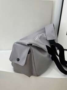 1pc Gray Nylon Fabric Smooth Zipper Adjustable Strap Fashion Casual Solid Color Messenger Bag, Suitable For Men And Women Everyday Use