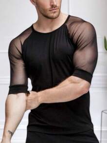 Playera de Manga 3/4 Transparentes de Cuello Redondo para Hombre - Negro - Ver 2