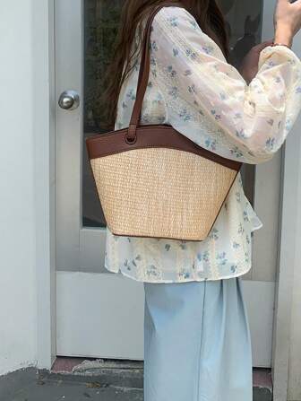 法式复古藤编包，休闲度假海滩风，百搭单肩篮包，时尚编织手提包