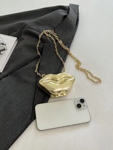 1pc Unique Funny Big Lips Design Acrylic Box Makeup Bag With Chain Strap Shoulder Crossbody Handbag - Gold - View 6