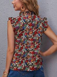 Ruffled Collar & Sleeve Floral Print Blouse - Multicolor - View 2