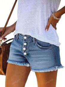 European & American Street Style Summer Casual Simple Versatile Button & Frayed Hem Women Denim Shorts
