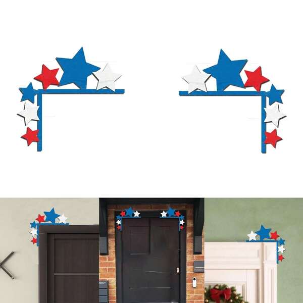 1 pieza Decoración de logo de marco de puerta patriótica, decoración de esquina de puerta en forma de estrella de cinco puntas, decoración de puerta tallada en madera para el 4 de julio, muy adecuado como accesorios y regalos para la decoración familiar del Día de la Independencia