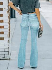 Women's Solid Color Distressed Pocket Casual Versatile Flare Leg Jeans - Emerald Green - View 2